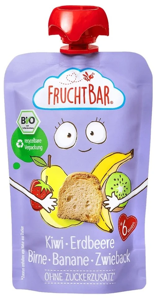 Mousse Kiwi, Erdbeere, Birne, Banane, Weizenzwieback BIO 100 g FRUCHTBAR