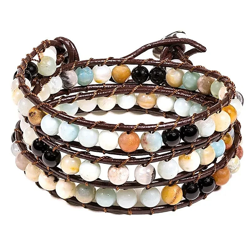 Amazoniit & Svart Agat – Wrap-armband med Läderrem