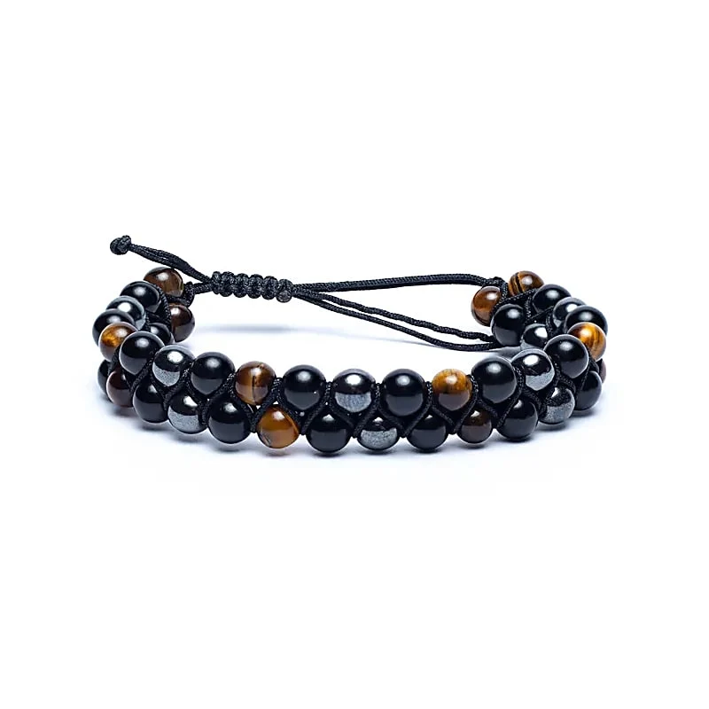 Svart Obsidian, Hematit & Tigeröga – Kristallarmband (6 mm)