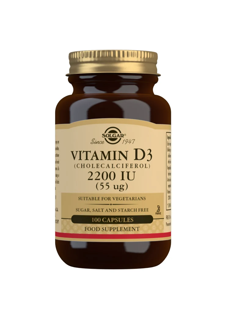 Vitamin D3, cholecalciferol, 2200IU (55µg), 30 g, 100 vegetabiliska kapslar