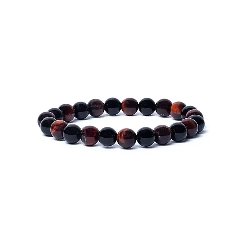 Rannekoru 8mm Musta Onyx & Punainen Tiikerinsilmä