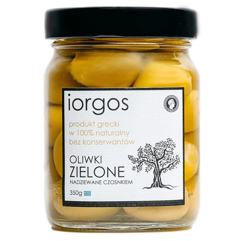 PREMIUM grüne Oliven - mit Knoblauch IORGOS, 350g