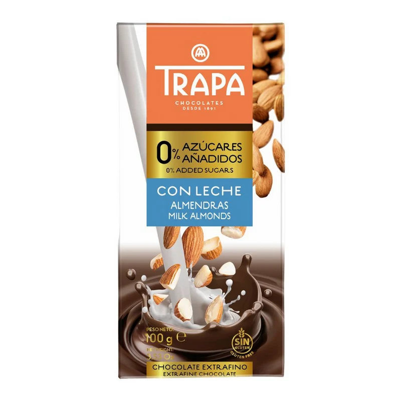 TRAPA Vollmilchschokolade mit Mandeln ohne Zuckerzusatz glutenfrei 100g