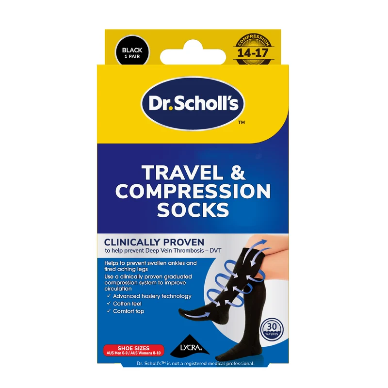Scholl Flight Socks Compression Hosiery Black W8-11 M6-9