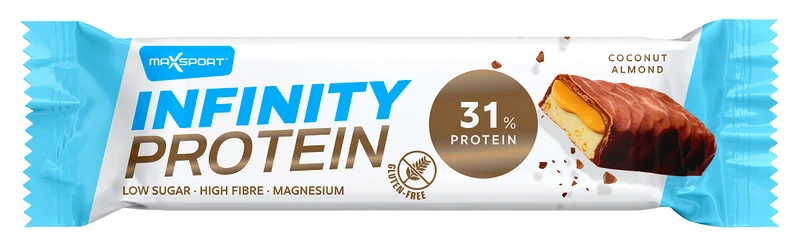 Proteinriegel mit Karamell, Kokosnuss und Mandeln in glutenfreier Milchschokolade 55 g - MAXSPORT