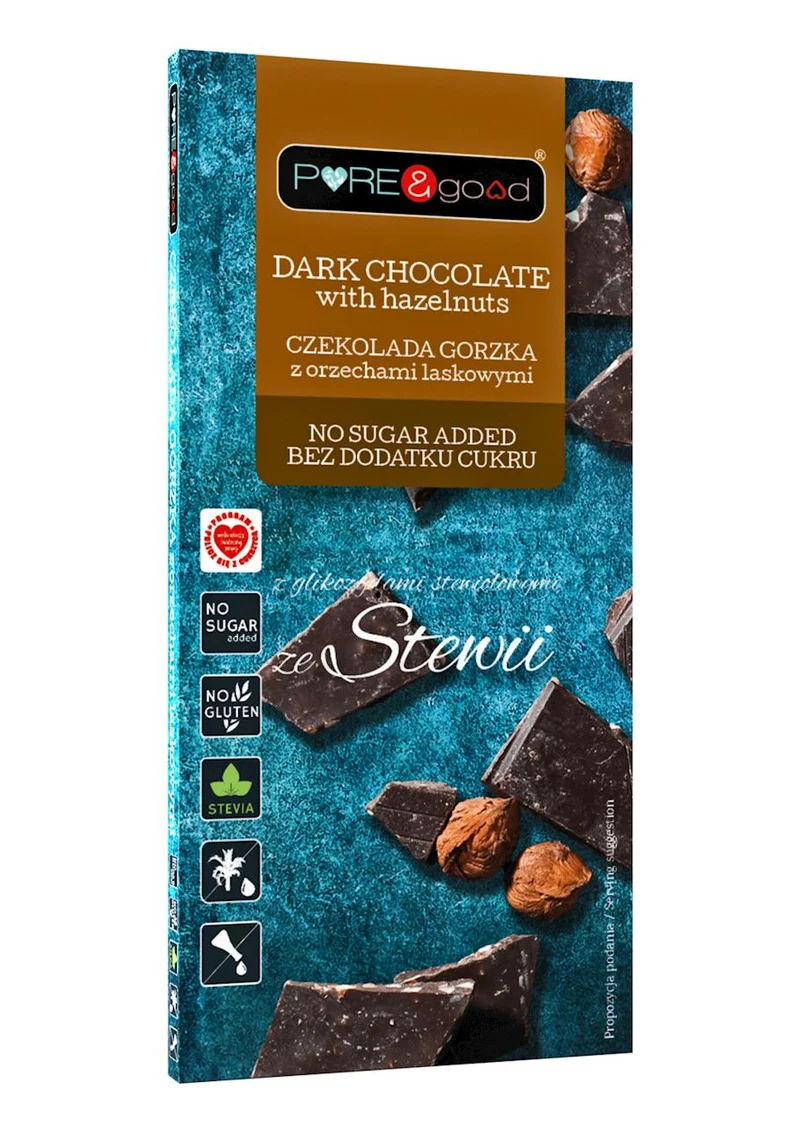 Bittere Schokolade mit Haselnüssen und Stevia, ohne Zuckerzusatz - glutenfrei 125 g - PURE&GOOD