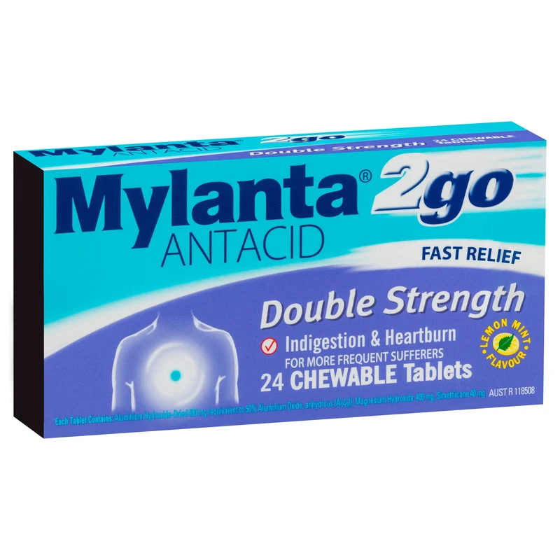 Mylanta 2Go Antacid Double Strength Tablets Lemon Mint 24 Pack
