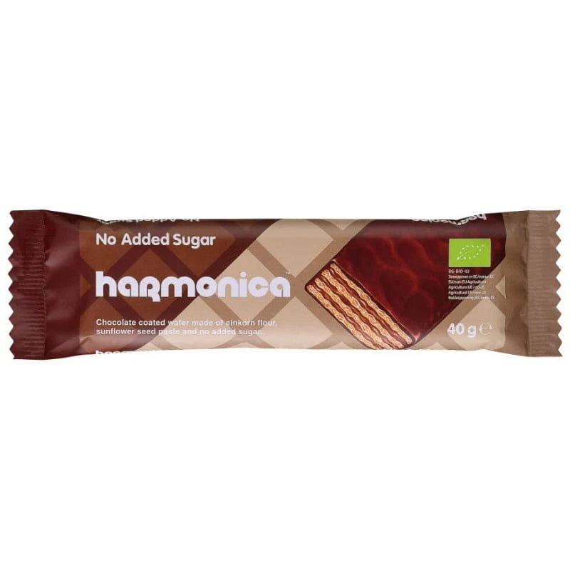 Waffel mit Milch- und Kakaobuttercreme und Milchschokoladenglasur ohne Zuckerzusatz BIO 40 g - HARMONICA