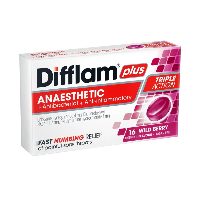 Difflam Plus Anaesthetic Sore Throat Lozenges Berry Flavour 16 Pack