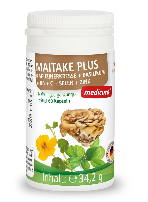 MAITAKE-PILZE MIT KAPUZINERKRESSE, BASILIKUM, VITAMIN B6, C, SELEN UND ZINK 60 KAPSELN - MEDICURA