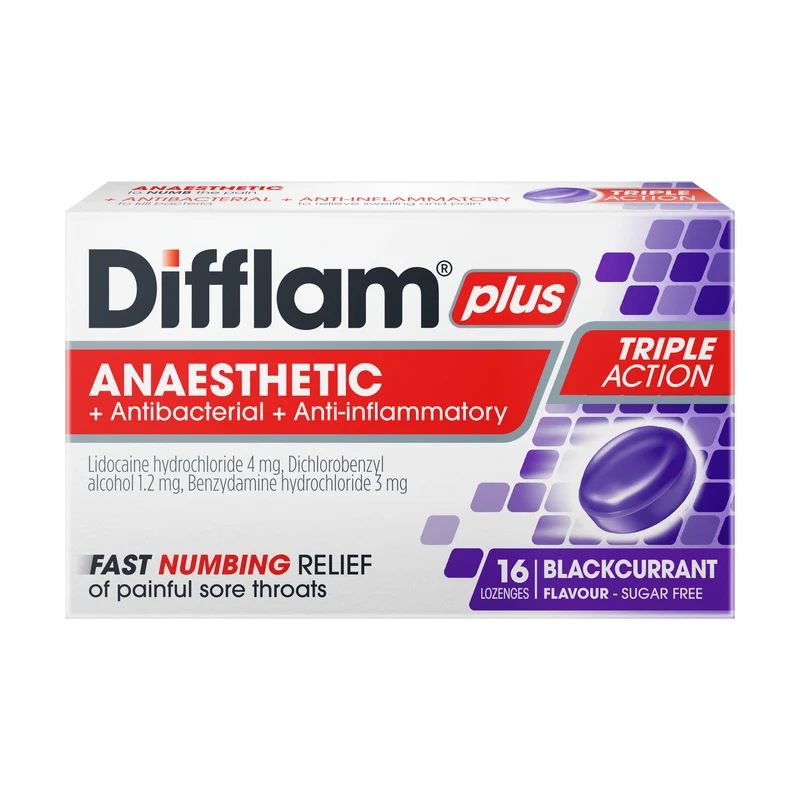 Difflam Plus Anaesthetic Sore Throat Lozenges Blackcurrant Flavour 16 Pack