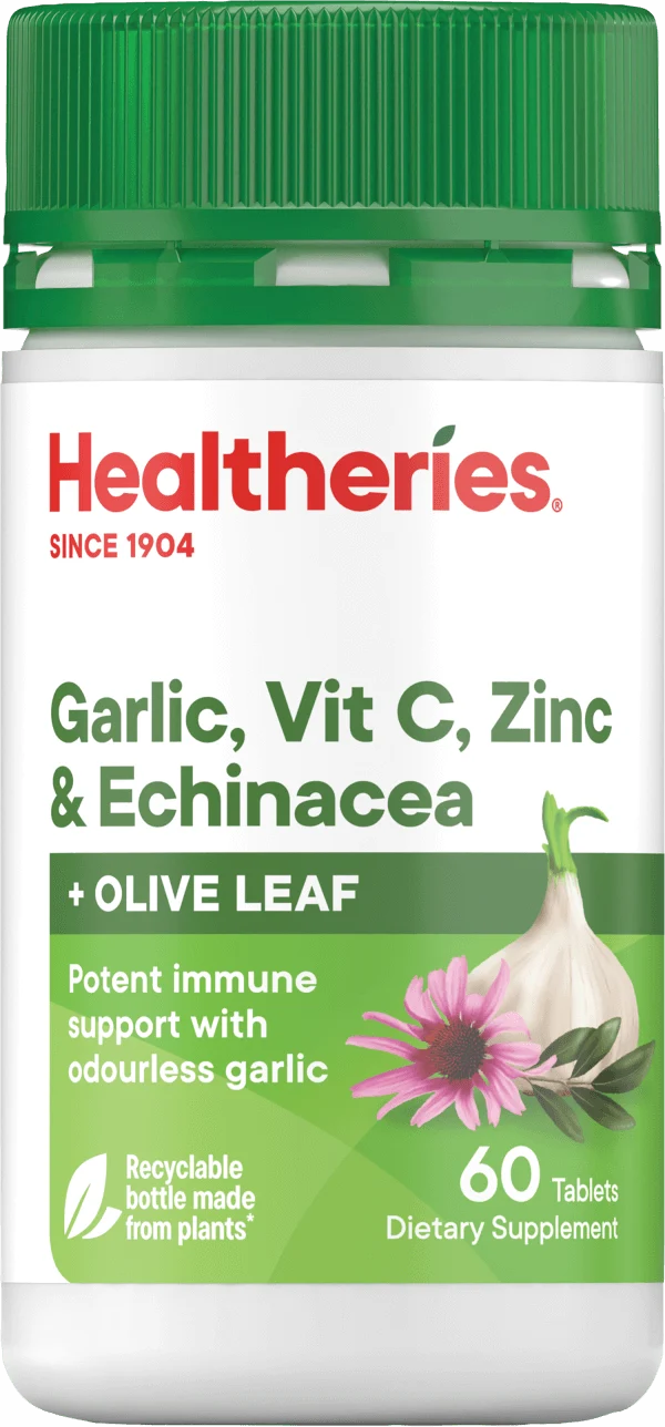 Healtheries Garlic, Vit C, Zinc & Echinacea with Olive Leaf 60 Tablets
