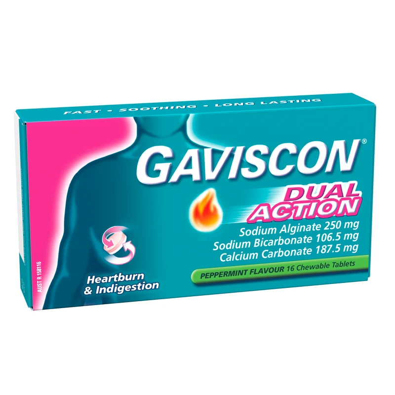 Gaviscon Dual Action Chewable Tablets Peppermint Heartburn & Indigestion Relief 16 Pack