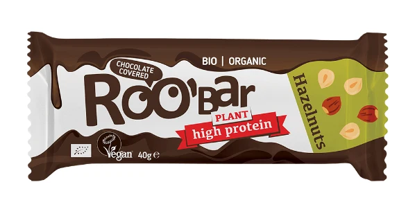 Glutenfreier Eiweißriegel mit Haselnüssen in Zartbitterkuvertüre BIO 40 g - ROOBAR