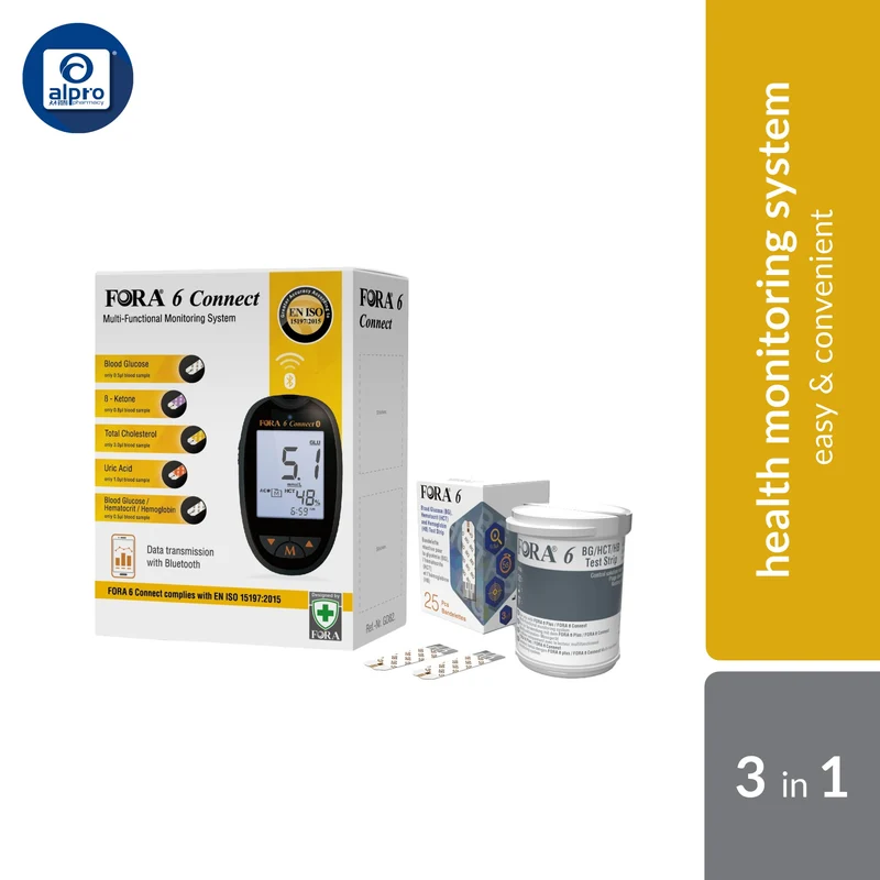 Fora 6 Connect Meter With 3 In 1 (BG, HCT & HB) Test Strips 25s | Easy & Convenient