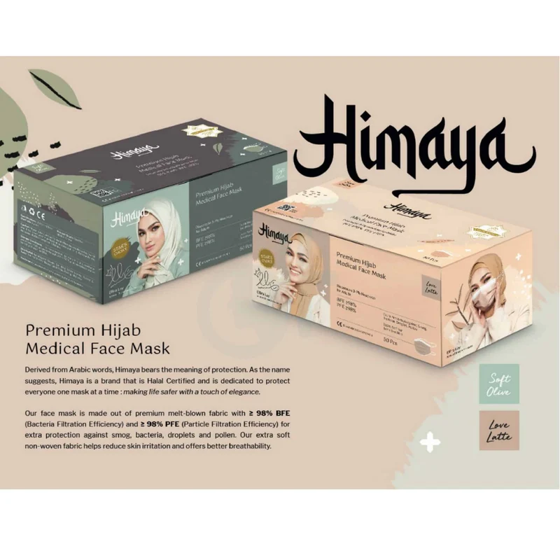 Himaya Premium Hijab 3 Ply Medical Face Mask With Head Loop (Love Latte) 50s | For Adults