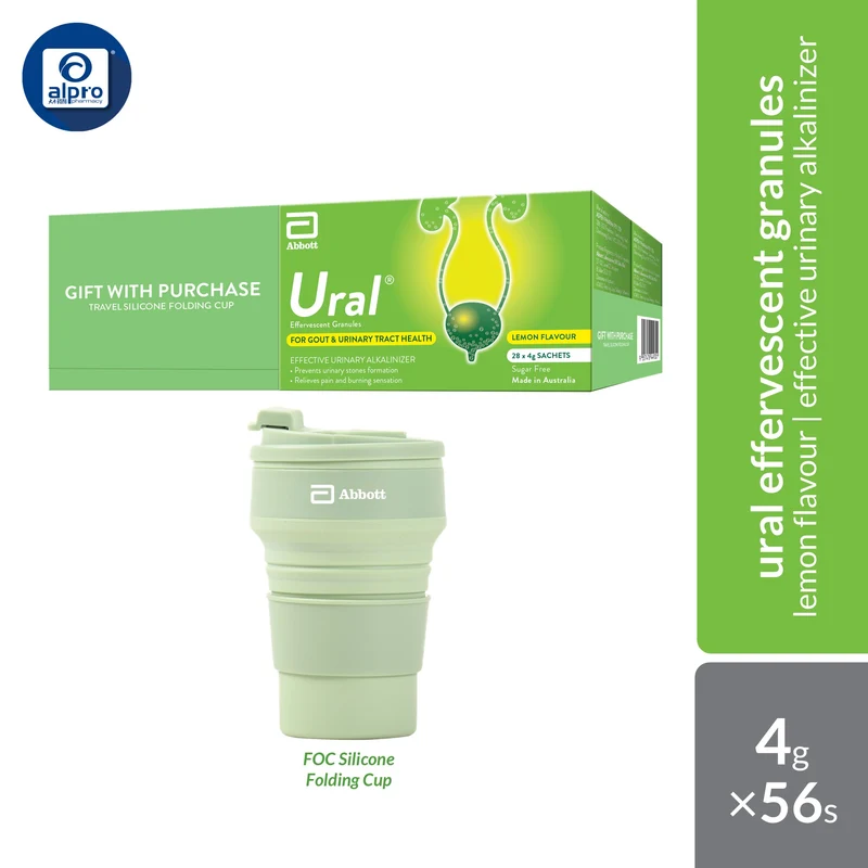 Ural Effervescent Granules 4g ×56s (FOC Silicone Folding Cup) | Sugar-Free Urinary Alkalinizer with Lemon Flavour