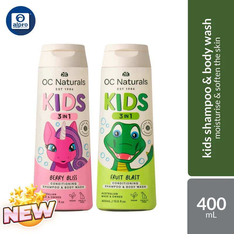 OC Naturals Kids 3in1 Conditioning Shampoo & Body Wash (Berry Bliss / Fruit Blast) 400mL | Moisturise & Soften the Skin