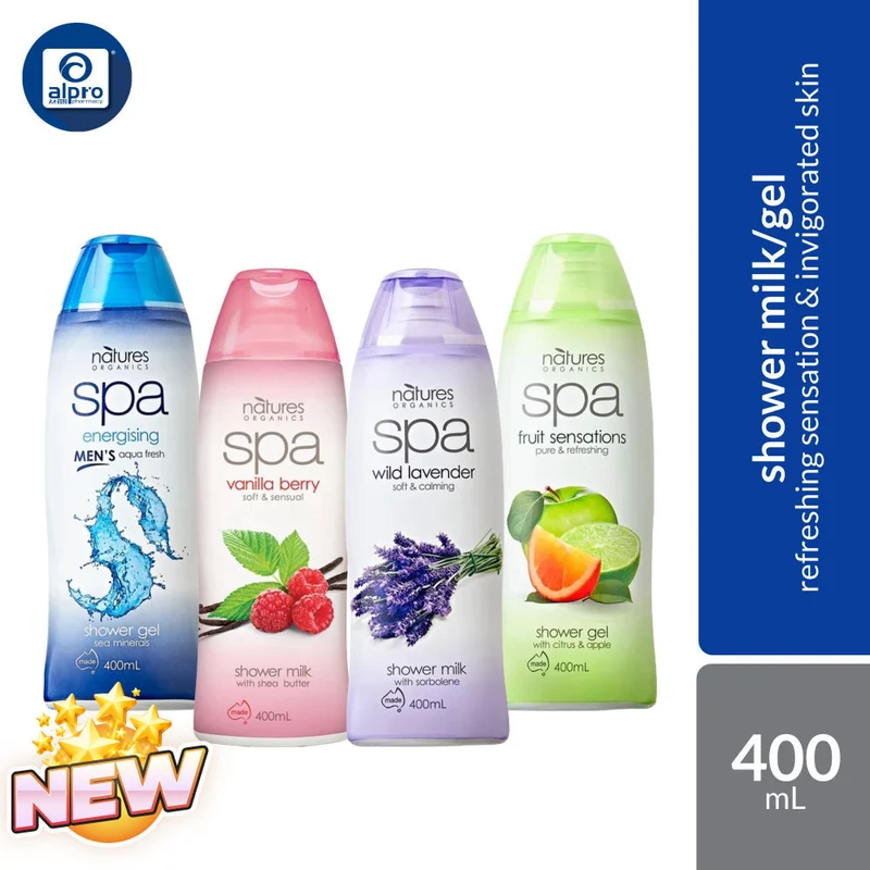 Natures Organics Spa Shower Milk/Gel (Wild Lavender / Fruit Sensations / Vanilla Berry / Men’s Aqua Fresh) 400mL