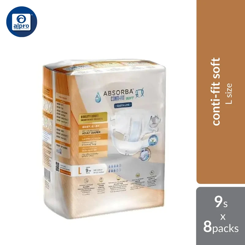 Absorba Conti-Fit Soft Adult Diapers L 9s x 8packs | Fast Absorption