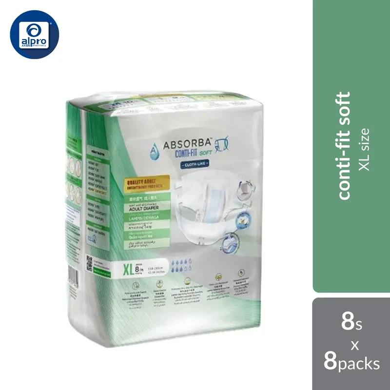Absorba Conti-Fit Soft Adult Diapers XL 8s x 8 Packs | Fast Absorption