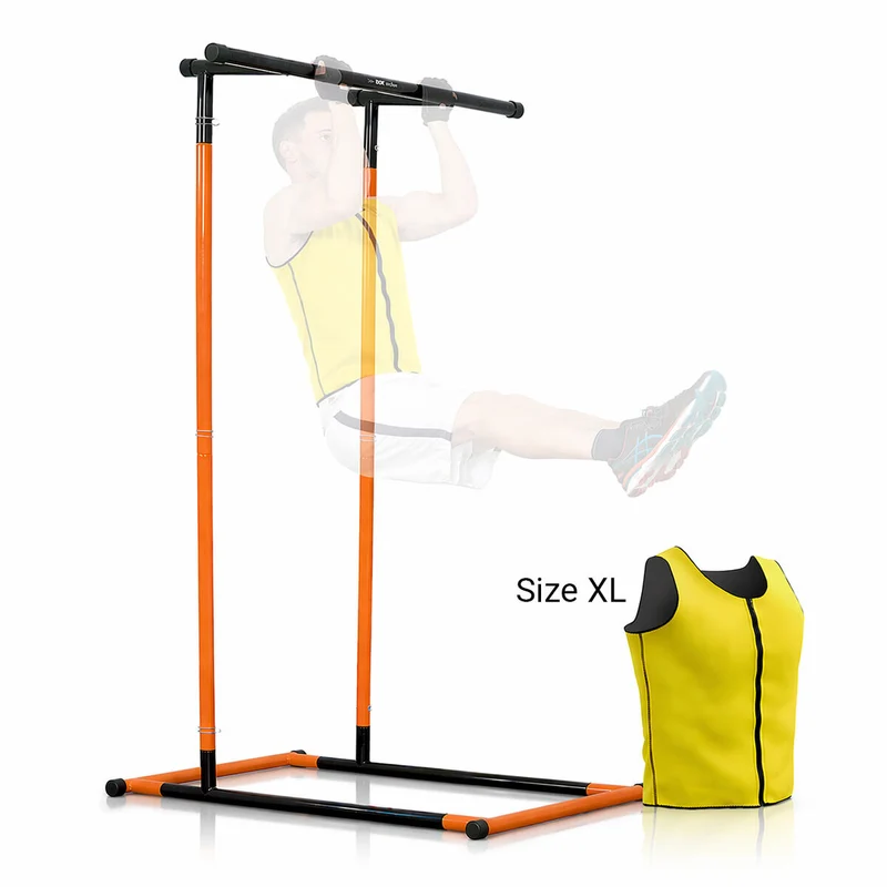 Pakkaus Leuanvetoteline Fitness harjoitusoppaalla ja miesten saunaurheiluliivi XL InnovaGoods