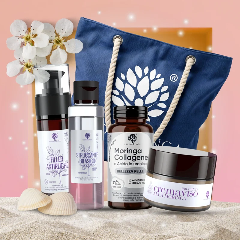 Kit Estate In & Out | Struccante + Siero Antirughe + Crema Viso alla Moringa + Integratore Collagene