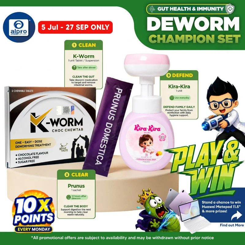 (Deworm Champion Set) K-Worm Chewtab, Flower-Shaped Foam Wash and Prunus Domestica