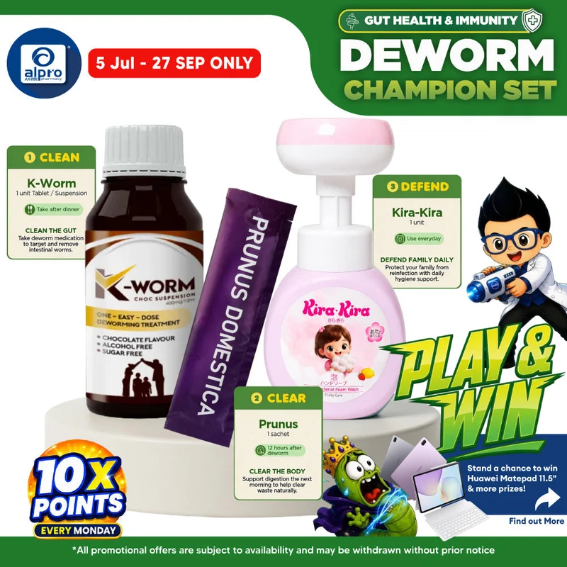 (Deworm Champion Set) K-Worm Suspension, Flower-Shaped Foam Wash and Prunus Domestica