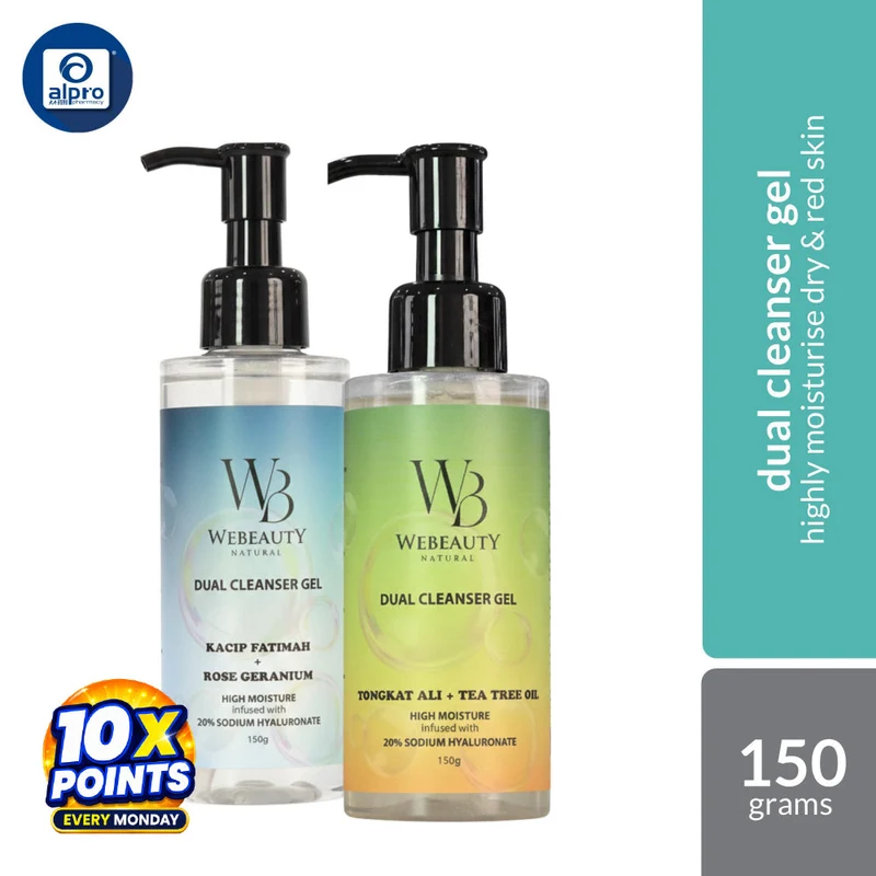 WeBeauty Dual Cleanser Gel (Kacip Fatimah + Rose Geranium / Tongkat Ali + Tea Tree) 150g | Gentle Moisturising Cleanser