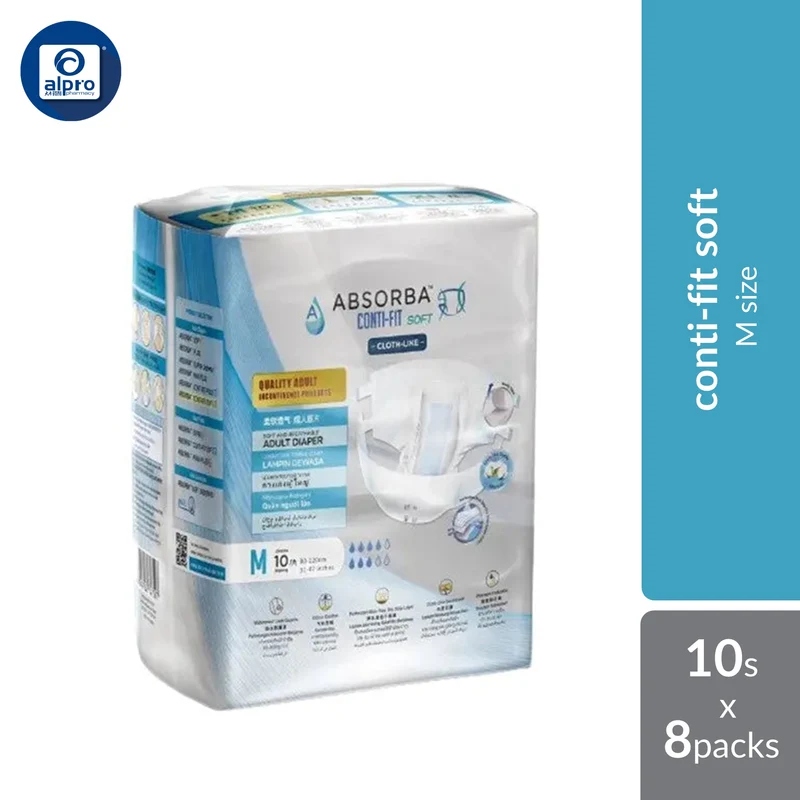 Absorba Conti-Fit Soft Adult Diapers M 10s x 8packs | Fast Absorption