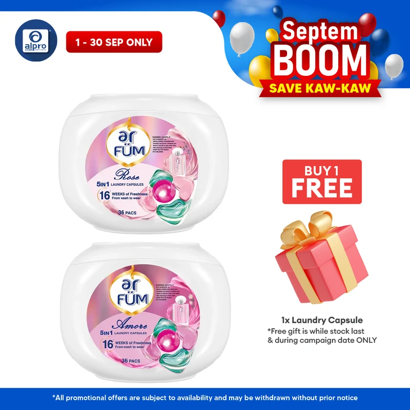 Ar FÜM 5-In-1 Laundry Capsules Amore 12g ×36pcs | Continuous Fragrance Up To 16 Weeks