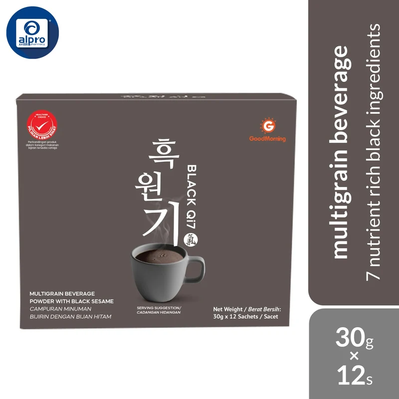 GoodMorning Black Qi7 Multigrain Beverage Powder with Black Sesame 30g ×12s | 7 Nutrient-Rich Black Ingredients