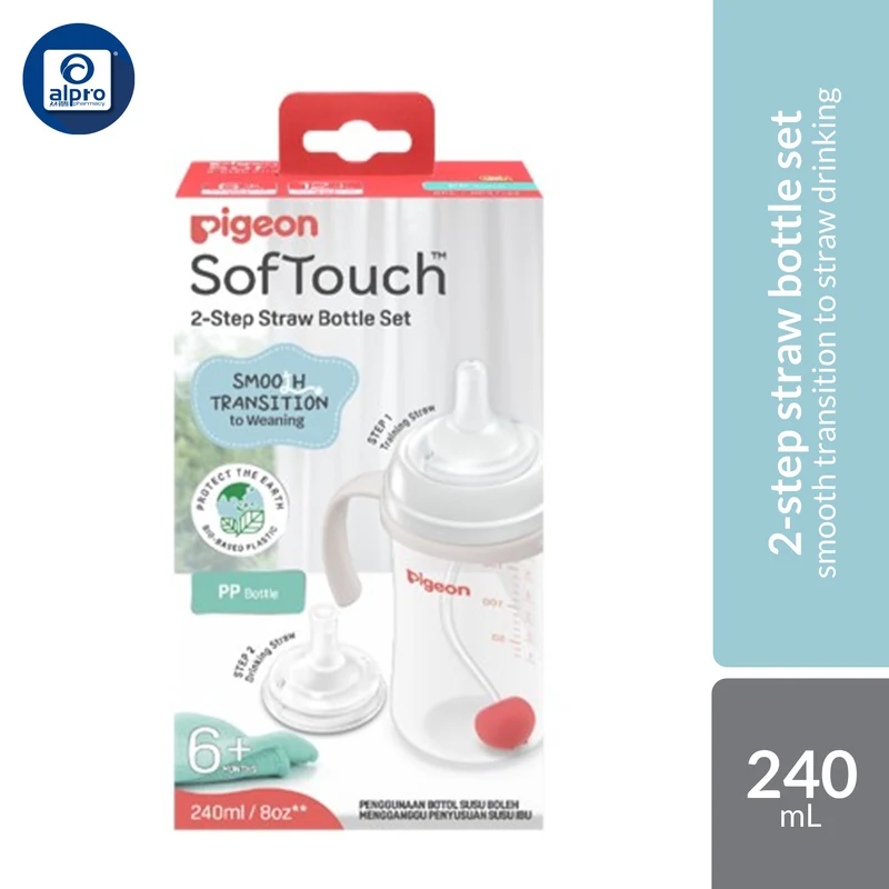 Pigeon 81362 SofTouch BPP Step-Up Straw Bottle Set 240mL | Helps Smooth Transition To Straw Drinking
