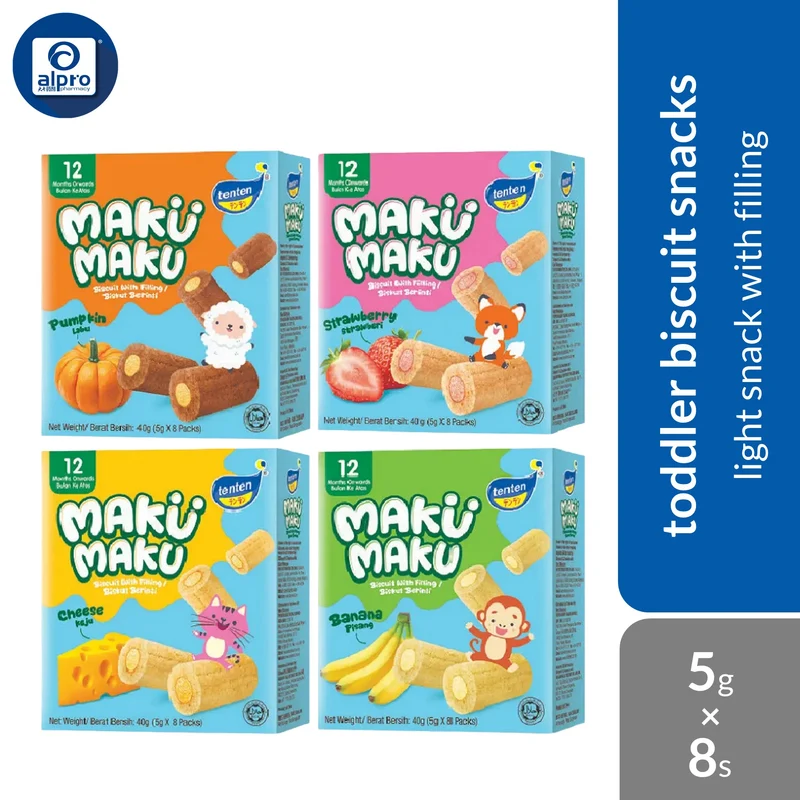 TenTen Maku Maku Toddler Biscuit with Filling (Banana / Cheese / Pumpkin / Strawberry) 5g × 8 Packs | Crunchy Snack