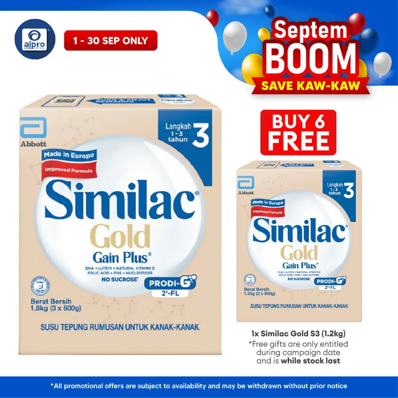 Abbott Similac Gold Gain Plus S3 (GL+2FL) 1.8kg Bib | New Improved Formula (Exp Date: 30/04/2026)
