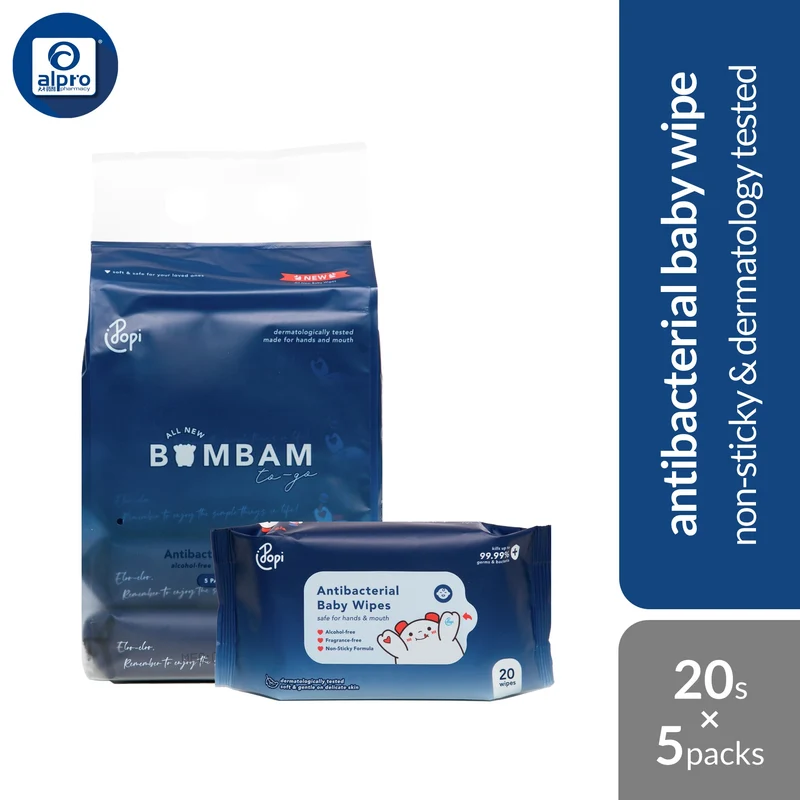 Popi Bambam To-Go Antibacterial Baby Wipes (Medium) 20s ×5 Packs | Non-Sticky & Dermatology Tested