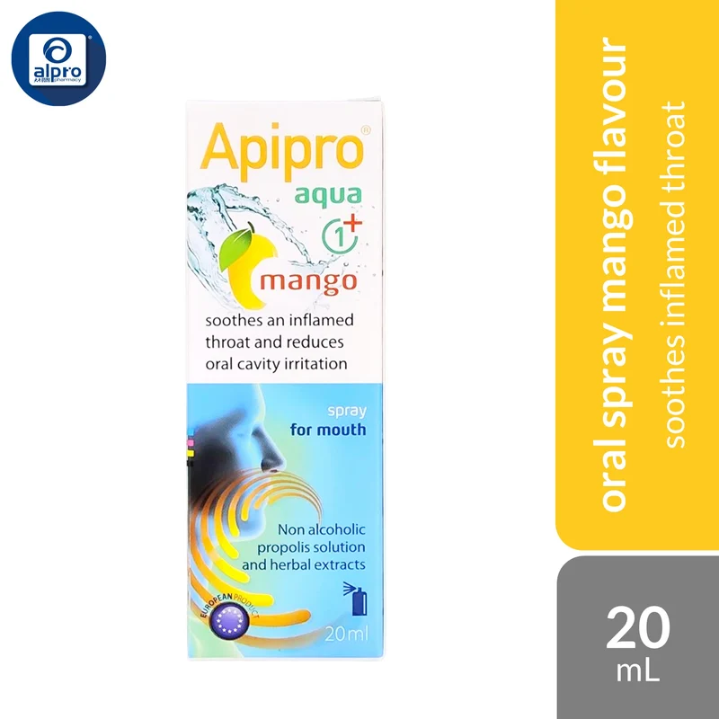Apipro Aqua 1+ Mango Oral Spray 20mL | Gentle Oral & Throat Comfort Spray