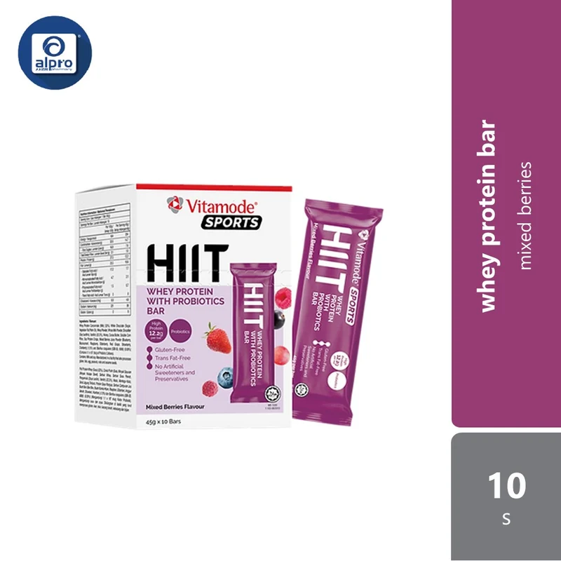 Vitamode Sports Hiit Whey Protein With Probiotics Bar 45gx10s | Mixed Berries