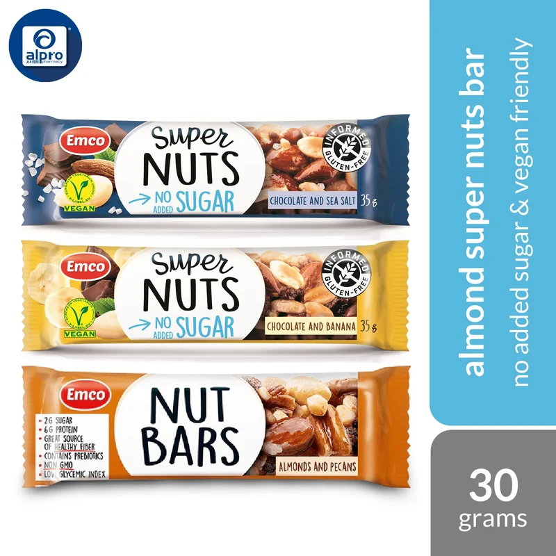 Emco No Added Sugar Almond Bars (Chocolate Sea Salt/ Chocolate Banana/ Pecan) | Gluten Free & Vegan Friendly