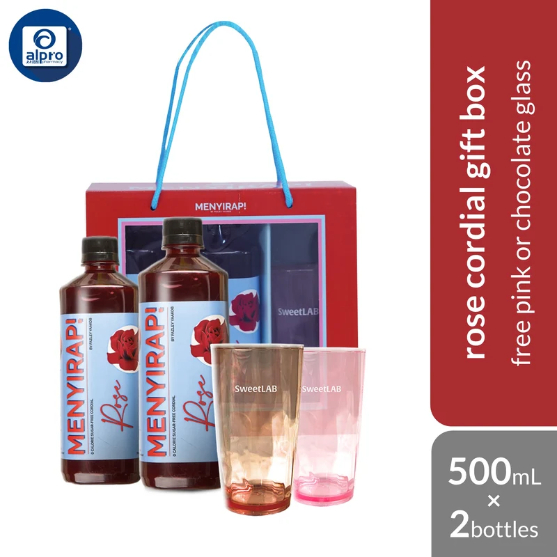 SweetLab Menyirap Rose Kordial Gift Box | Includes 500mL ×2s + 1 Pink/Chocolate Glass