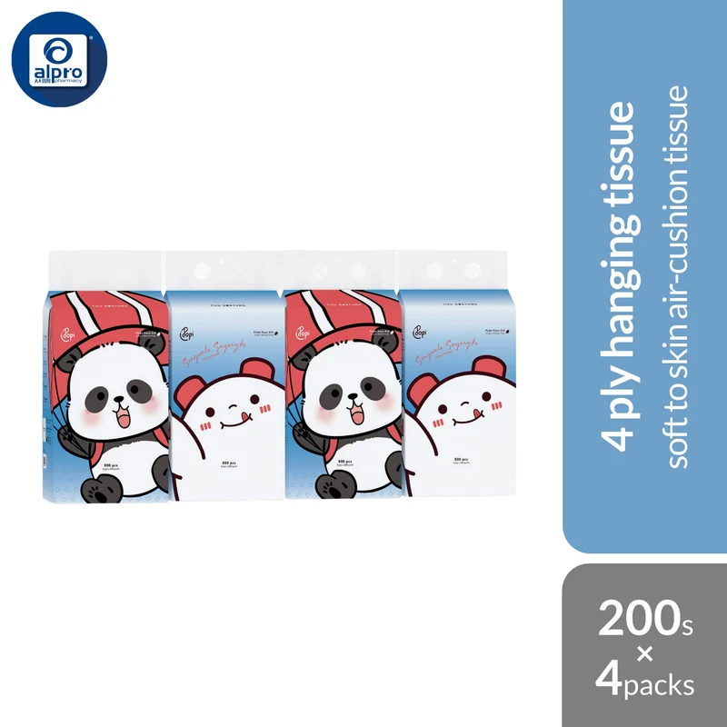 Popi Panda Hanging Tissue 4-Ply 200pulls ×4 Packs | Soft To Skin Air-Cushion Tissue