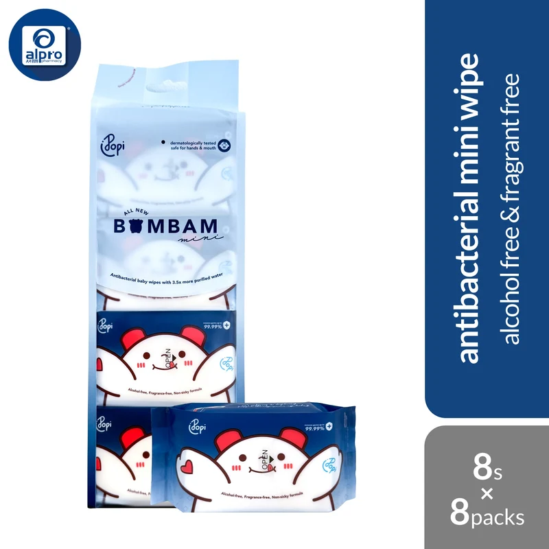 Popi Bambam Antibacterial Mini Wipes (Small) 8s ×8 Packs | Alcohol Free & Fragrant Free