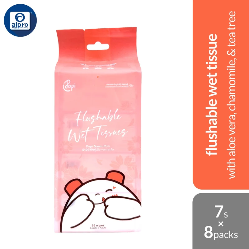 Popi Naam Mini Flushable Wet Tissue 7s ×8 Packs | With Aloe Vera, Chamomile, & Tea Tree