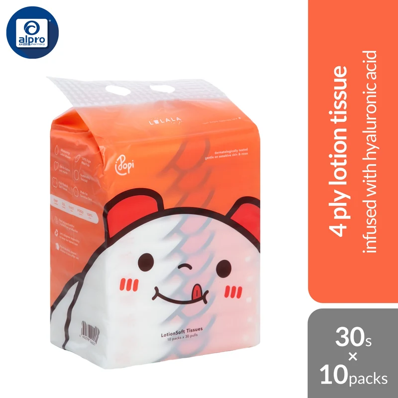 Popi Lalala To-Go Lotion Soft Tissue 4-Ply 30s ×10 Packs | Infused with Skin Friendly Hyaluronic Acid