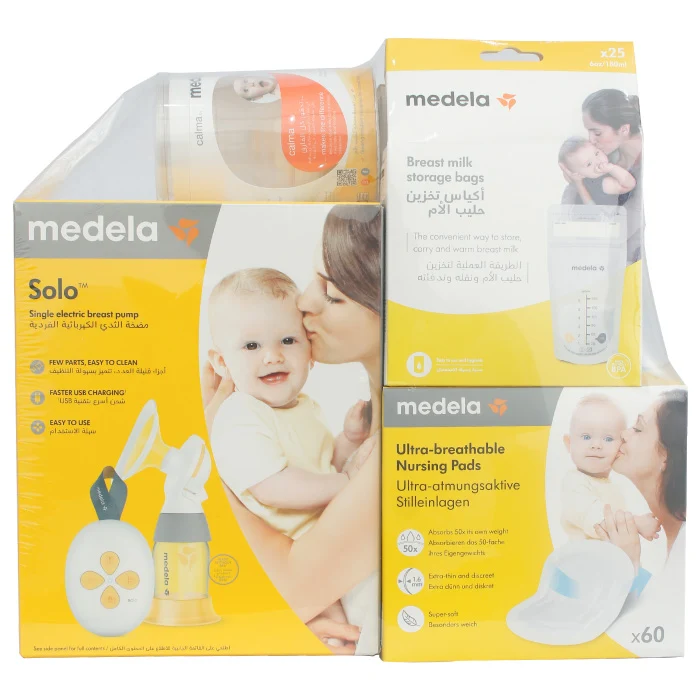Medela Solo Electric Breast Pump+ Storage Bags 25'S+nursing Pads 60'S+milk Bottle 250ml 2'S+calma Ar En