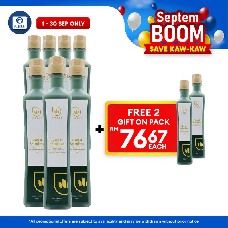 D'Well Gamat Spirulina 500mL ×7 Bottles (+2 FOC) | Boosts Overall Heath & Well Being