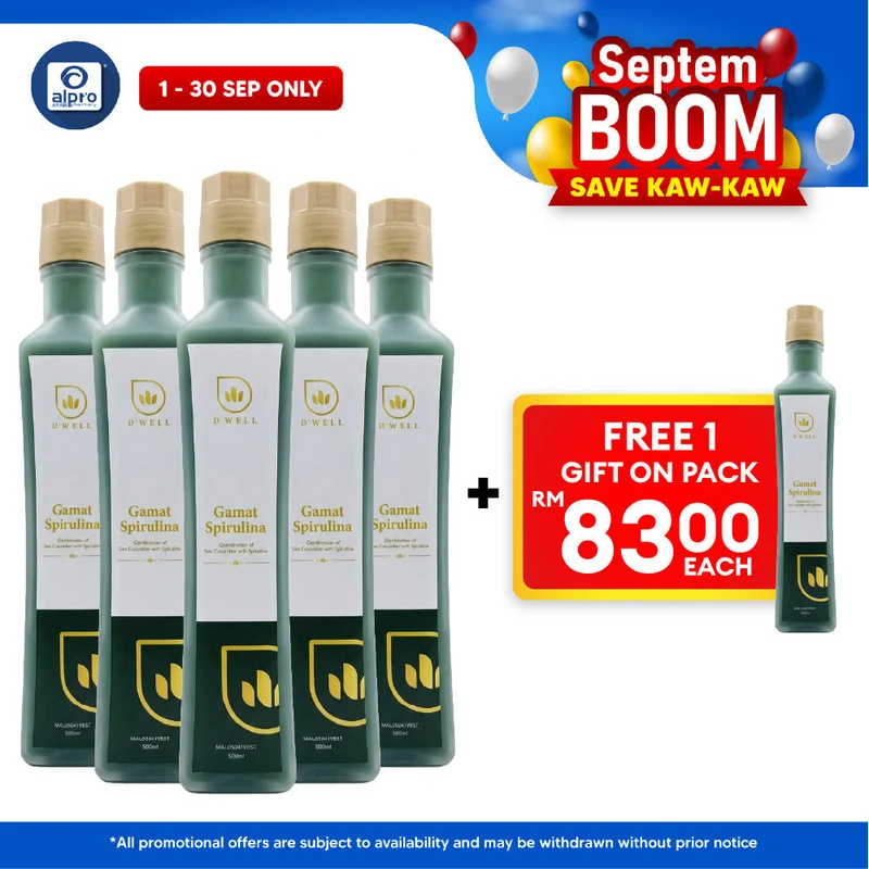 D'Well Gamat Spirulina 500mL ×5 Bottles (+1 FOC) | Boosts Overall Heath & Well Being