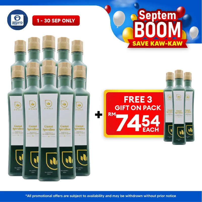 D'Well Gamat Spirulina 500mL ×10 Bottles (+3 FOC) | Boosts Overall Heath & Well Being