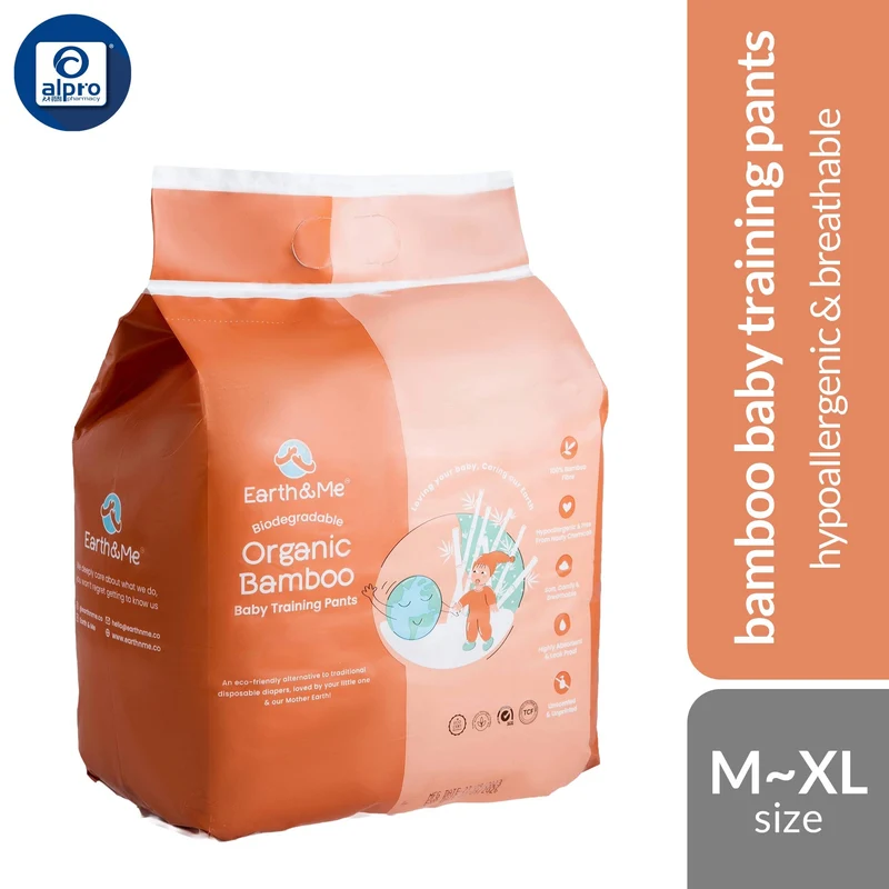 Earth & Me Biodegradable Organic Bamboo Baby Training Pants M/L/XL | Hypoallergenic & Breathable [Exp date: 2026.09.21]